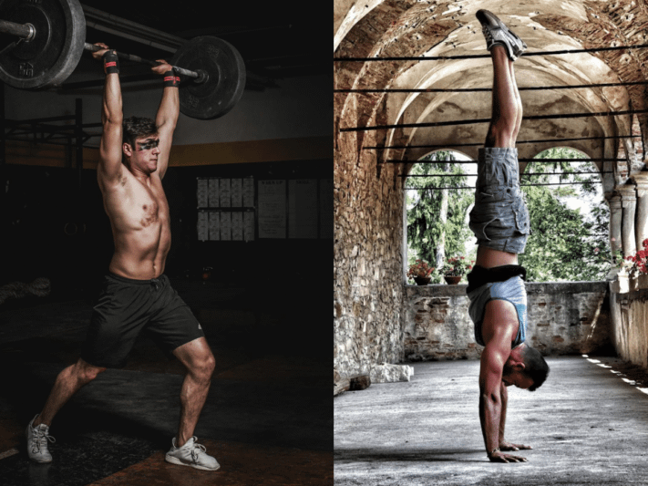 Weightlifting vs Calisthenics 2025 - Which is the Best? 2 a man doing an overhead barbell press and a man doing a handstand to demonstrate weightlifting vs. calisthenics